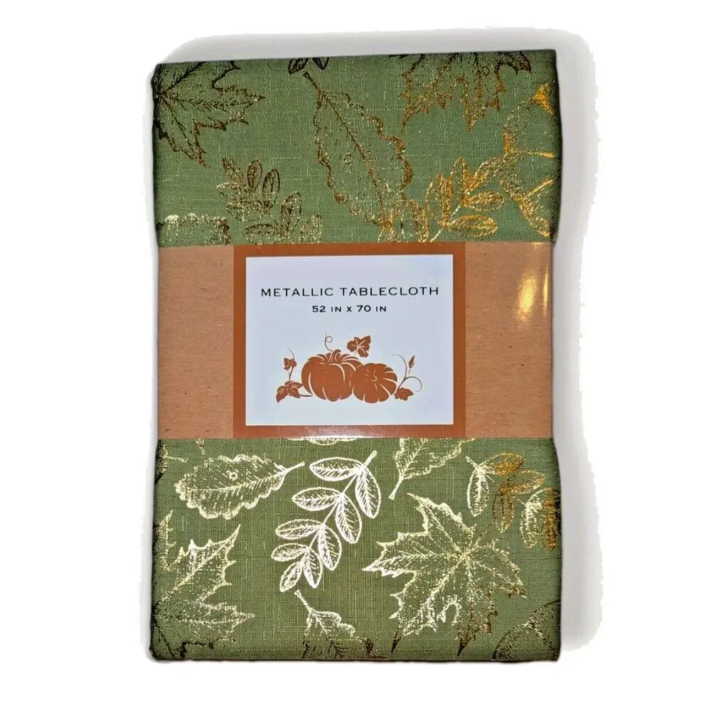 Harvest Green Metallic Gold Autumn Leaves Tablecloth 52 X 70-inch Polyester NEW